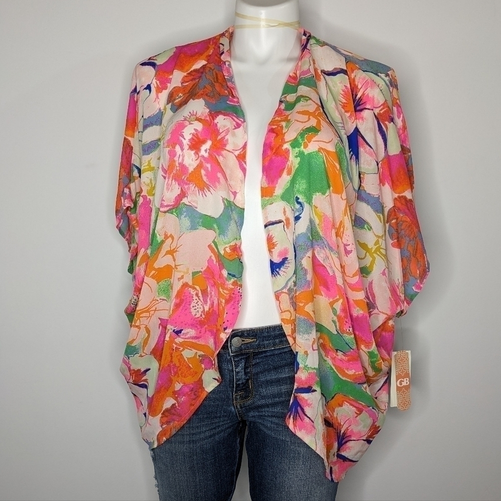 ✨3/$15 NWT Gianni Bini pink orange colorful floral swim cover cardi shawl XL